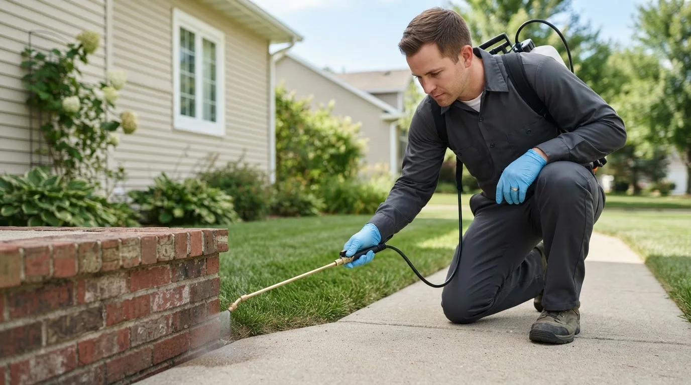 Pest control technician treating a home near Okabena, MN