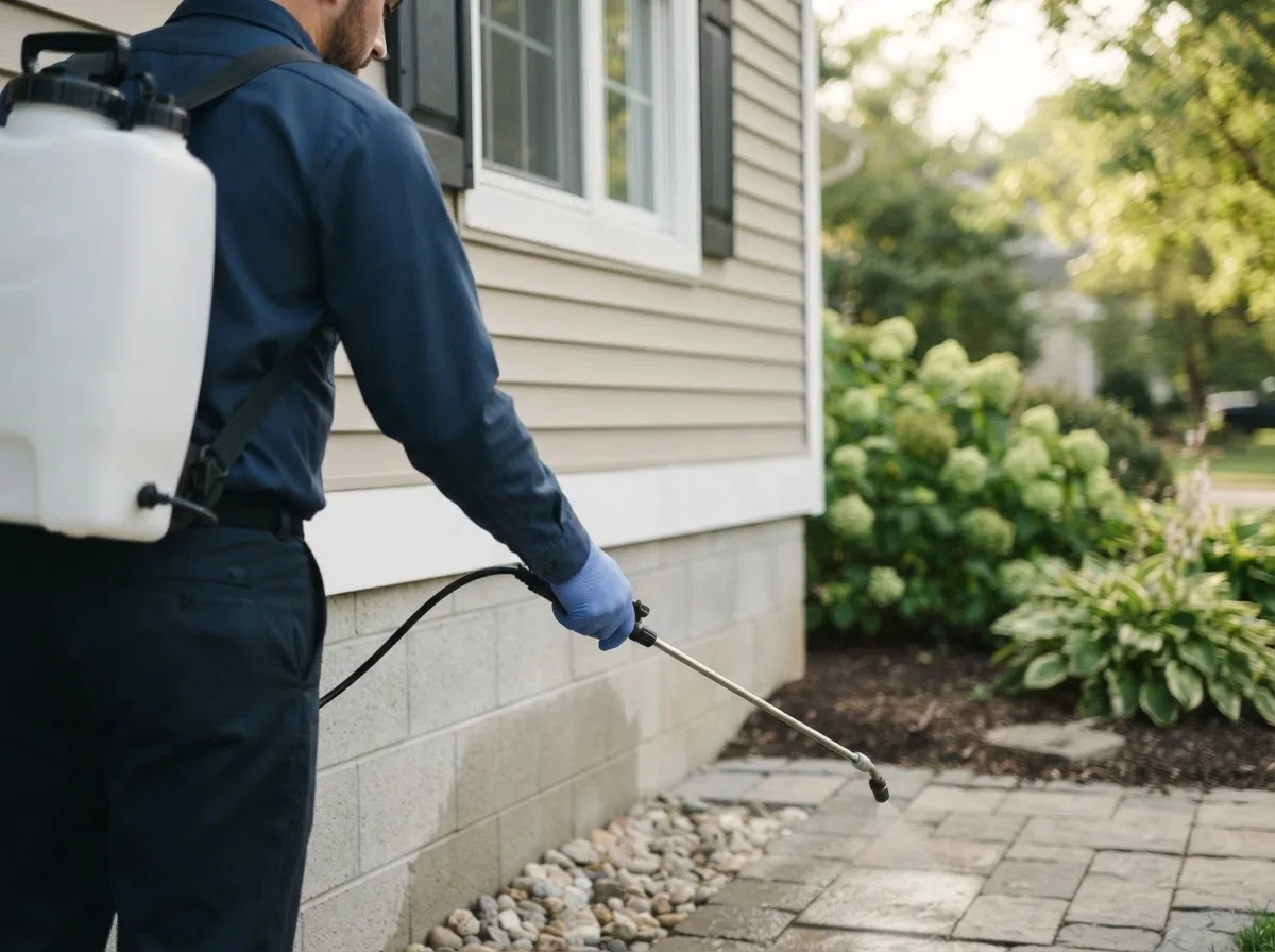Pest control technician inspecting a home in Okabena, MN